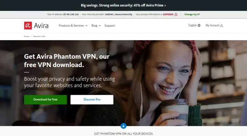 The Avira Phantom VPN Free homepage