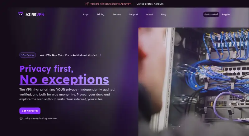 The AzireVPN homepage