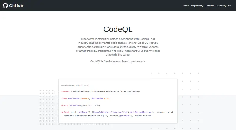 The GitHub CodeQL homepage