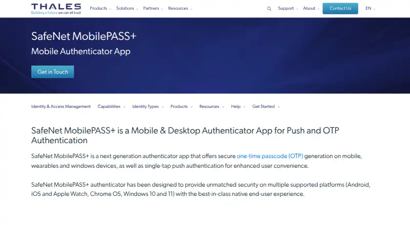 The SafeNet MobilePASS+ homepage