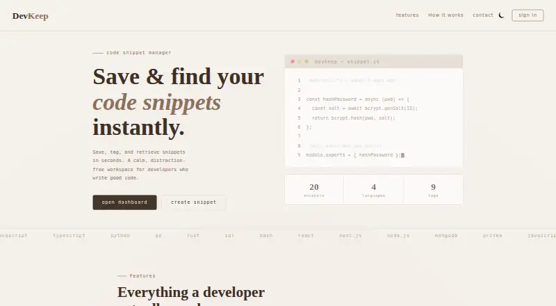 The DevKeep homepage