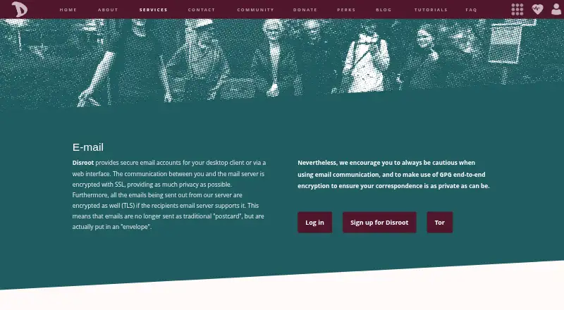 The Disroot Email homepage