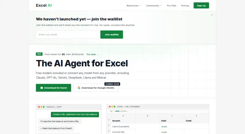 The ExcelAI homepage