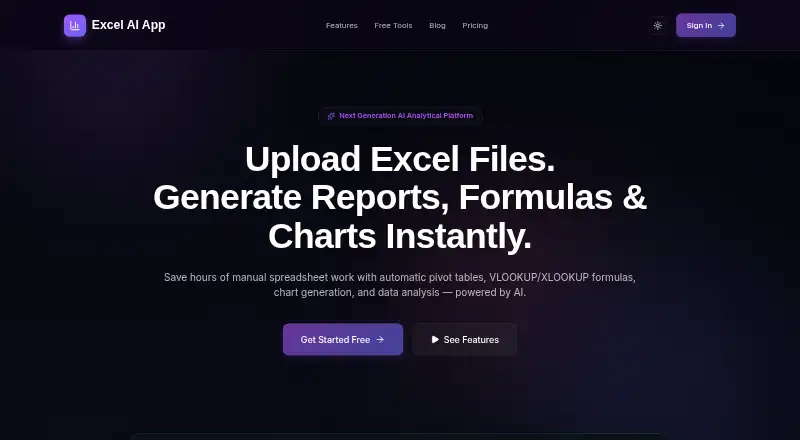 The Excel AI App homepage