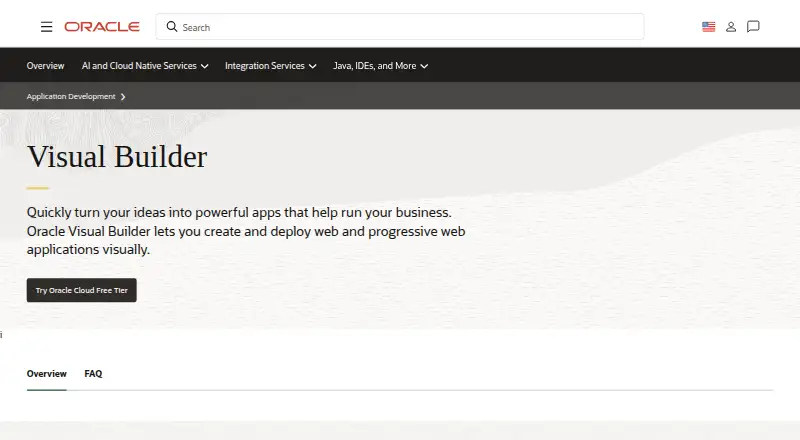 The Oracle Visual Builder homepage