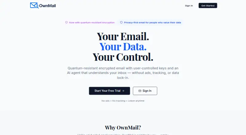 The OwnMail homepage