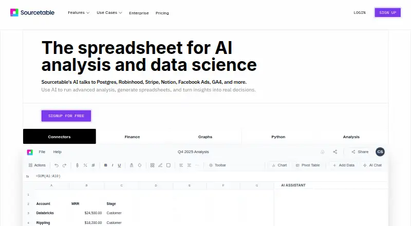 The Sourcetable homepage