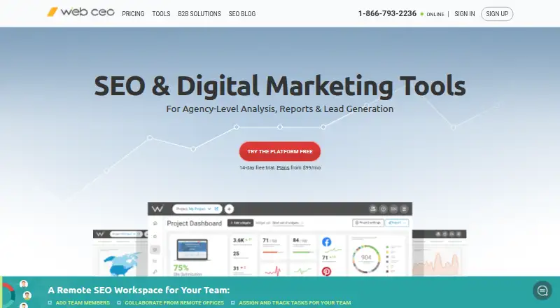 The WebCEO homepage