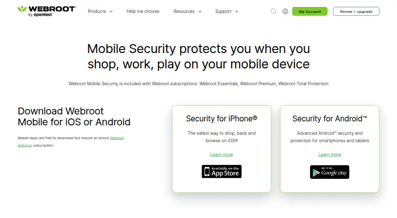 The Webroot Mobile Security homepage